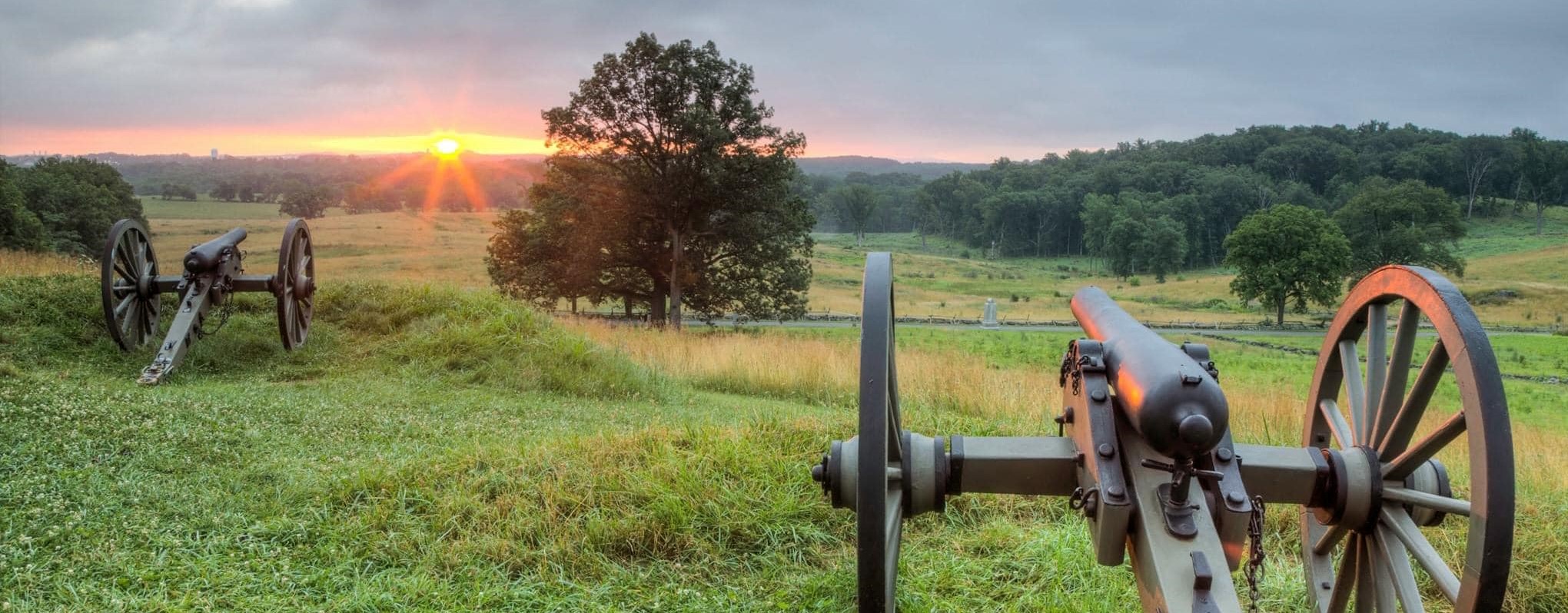 Cannons pointing over a field with a pink sunset