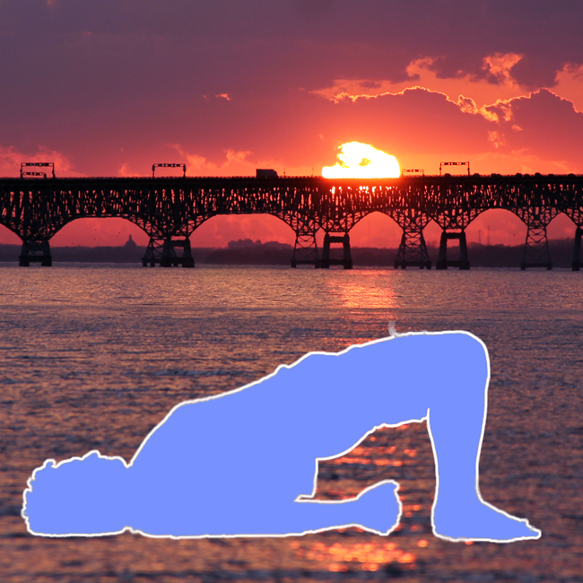 An outline of a man in bridge pose with a bridge and sunset in the background.