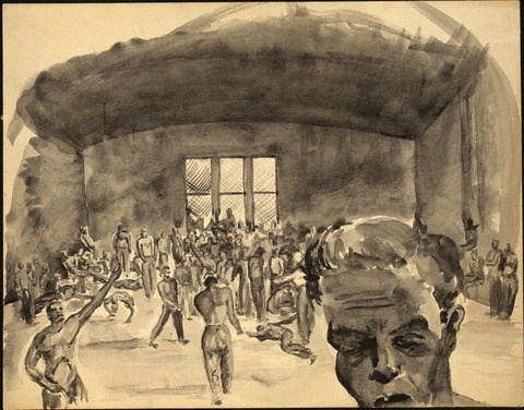 Watercolor painting of male patients shirtless and crowded in a large room.