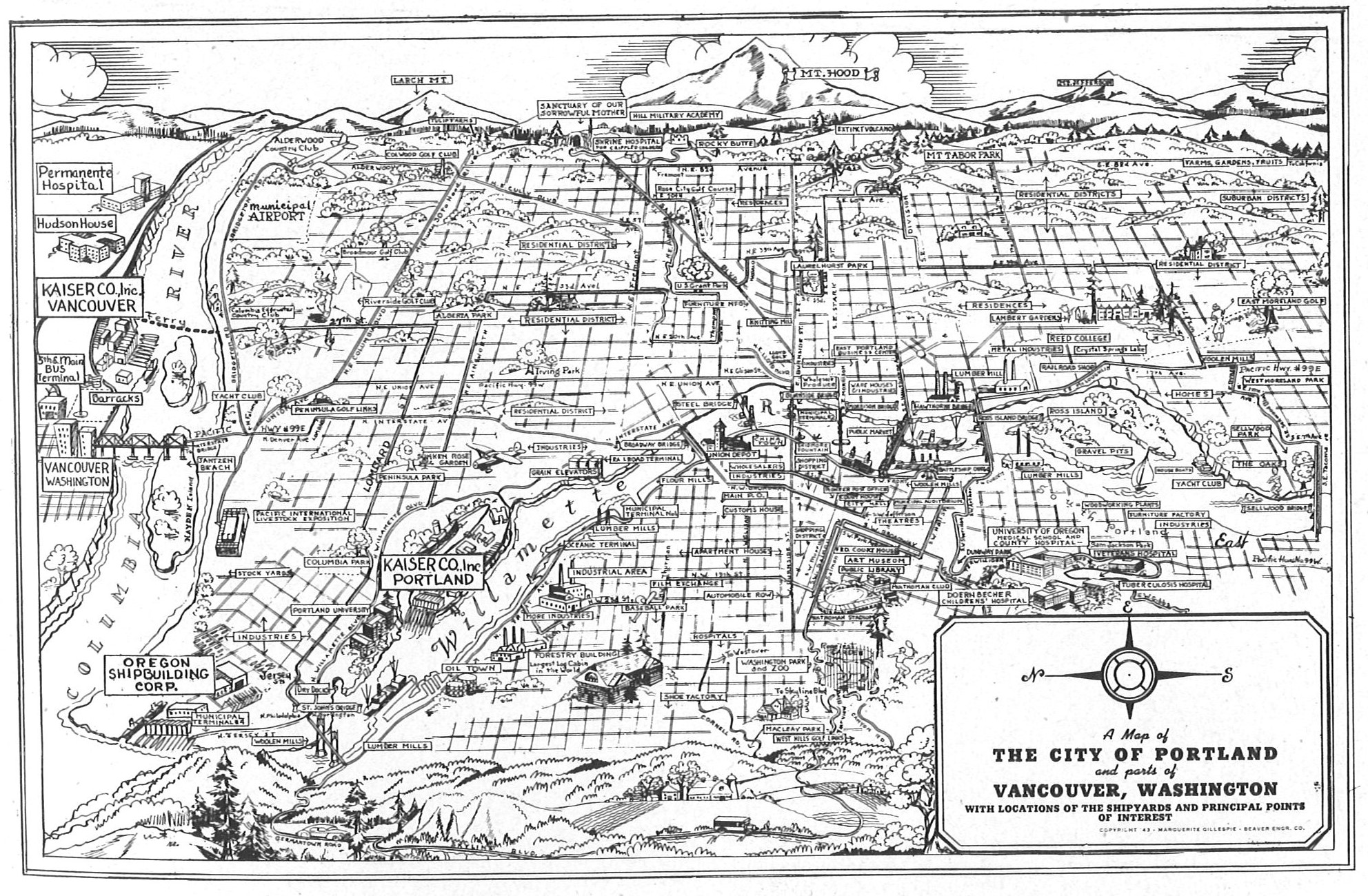 An illustrated aerial map of Portland and part of Vancouver. This map displays the location of each Kaiser Shipyard. The map faces east and overlooks Mount Hood.