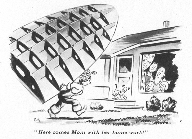 A Stubby Bilgebottom comic of a woman welder arriving home from work at the Kaiser Shipyard. She carries a piece of welding larger than her house on her back. Dad and children watch her walk to the front yard from a window as one child exclaims.