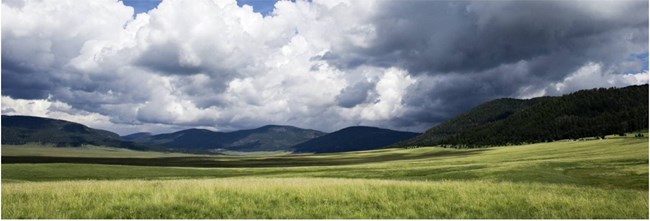 Grass in foreground with rolling mountains and cloudy sky