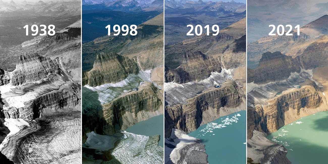 Grinnell Glacier photographed from the summit of Mount Gould in 1938, 1998, 2019, and 2021.