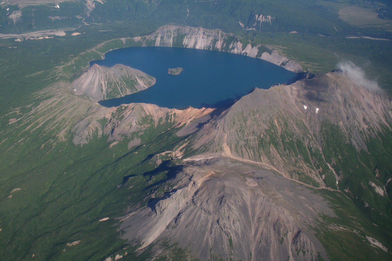 aerial view of a crater lake