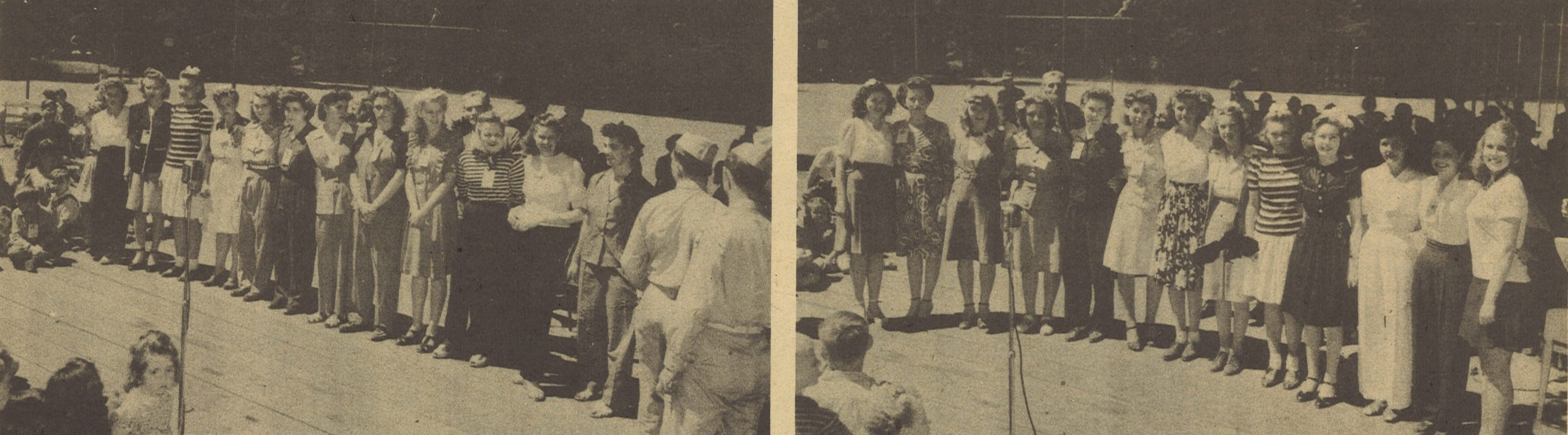 Two photographs of groups of women attending a Kaiser Shipyard picnic. The women stand on a stage surrounded by an audience for a beauty contest.