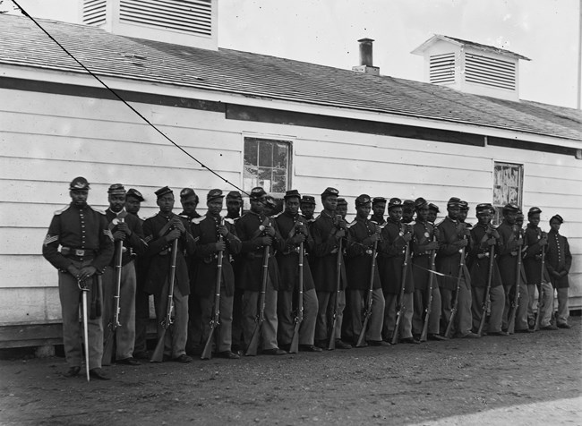 A large group of African American Civil War soldiers.