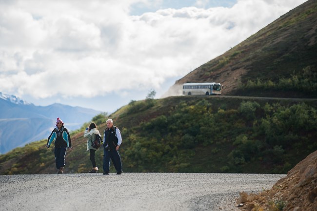 A group of three people walk along the Denali Park Road, mountains layered across the scene behind them.