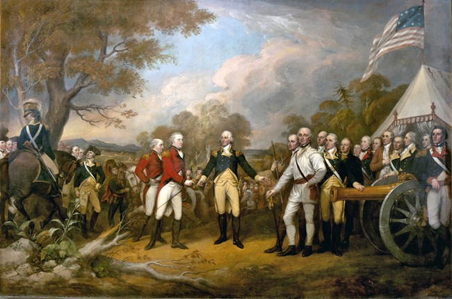 Painting of British and Colonial soldiers meeting on a battlefield.