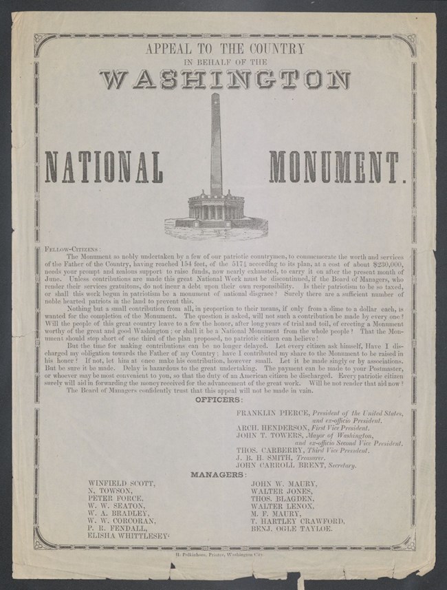 Fundraising appeal sent out by the Washington National Monument Society to Americans in approximately 1854, titled "Appeal to the Country in behalf of the Washington National Monument."