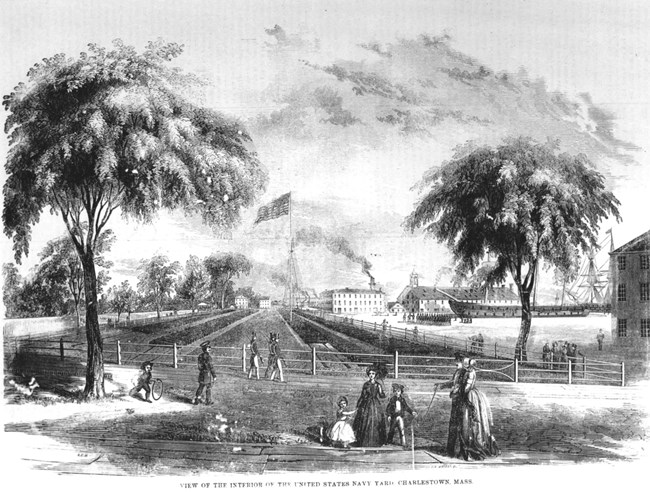 Black and white sketch of the Charlestown Navy Yard from 1851.