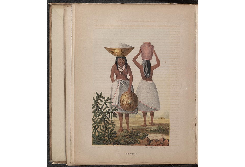 Historic lithograph of two O'odham women carrying baskets.