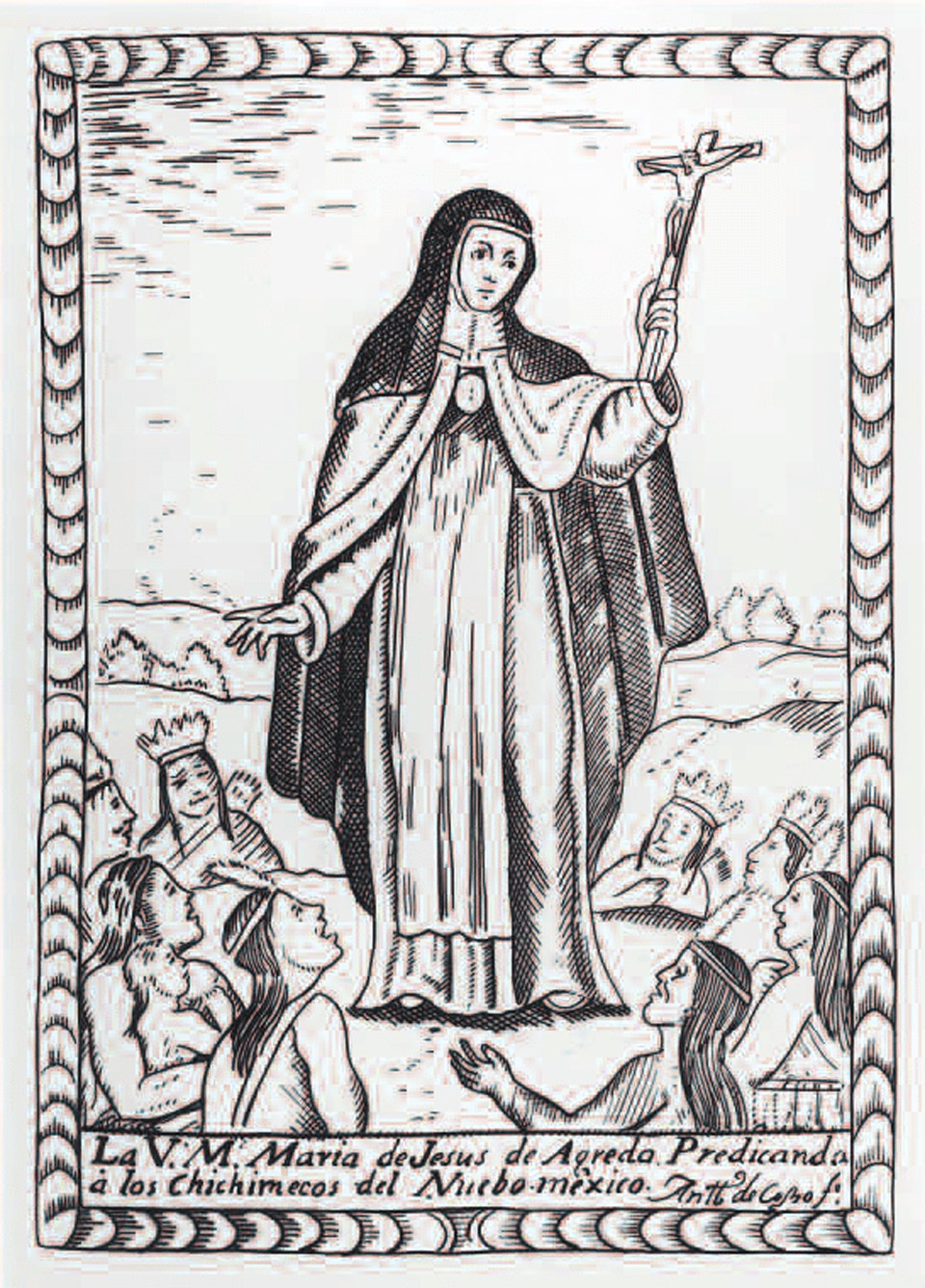 18th century lithograph of María de Jesús de Agreda preaching to indigenous peoples.