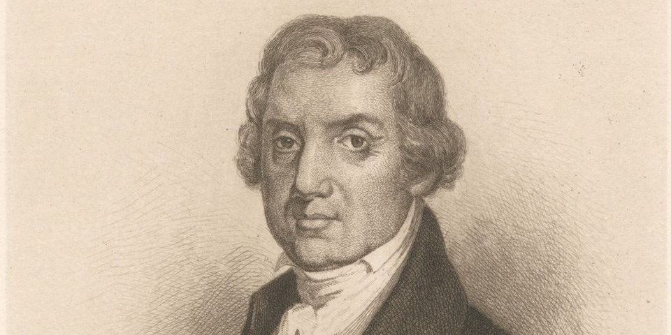 Etching of Abraham Baldwin facing center left.