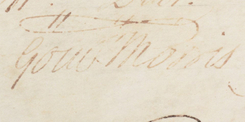 Signature of Gouvernour Morris as it appears on the Articles of Confederation.