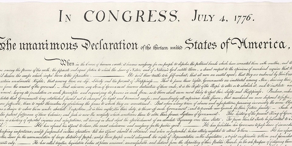 The Stone engraving of the Declaration of Independence with a close-up view of the words "In Congress July 4, 1776."