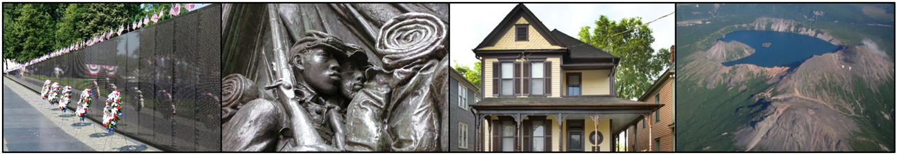 Row of photos including a memorial wall; a scupture of the U.S.C.T.; a yellow house; and a crater filled with water