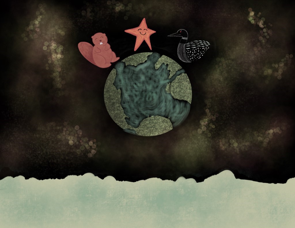 View from the Moon of a smiling beaver, sea star, and loon on the Earth’s surface.