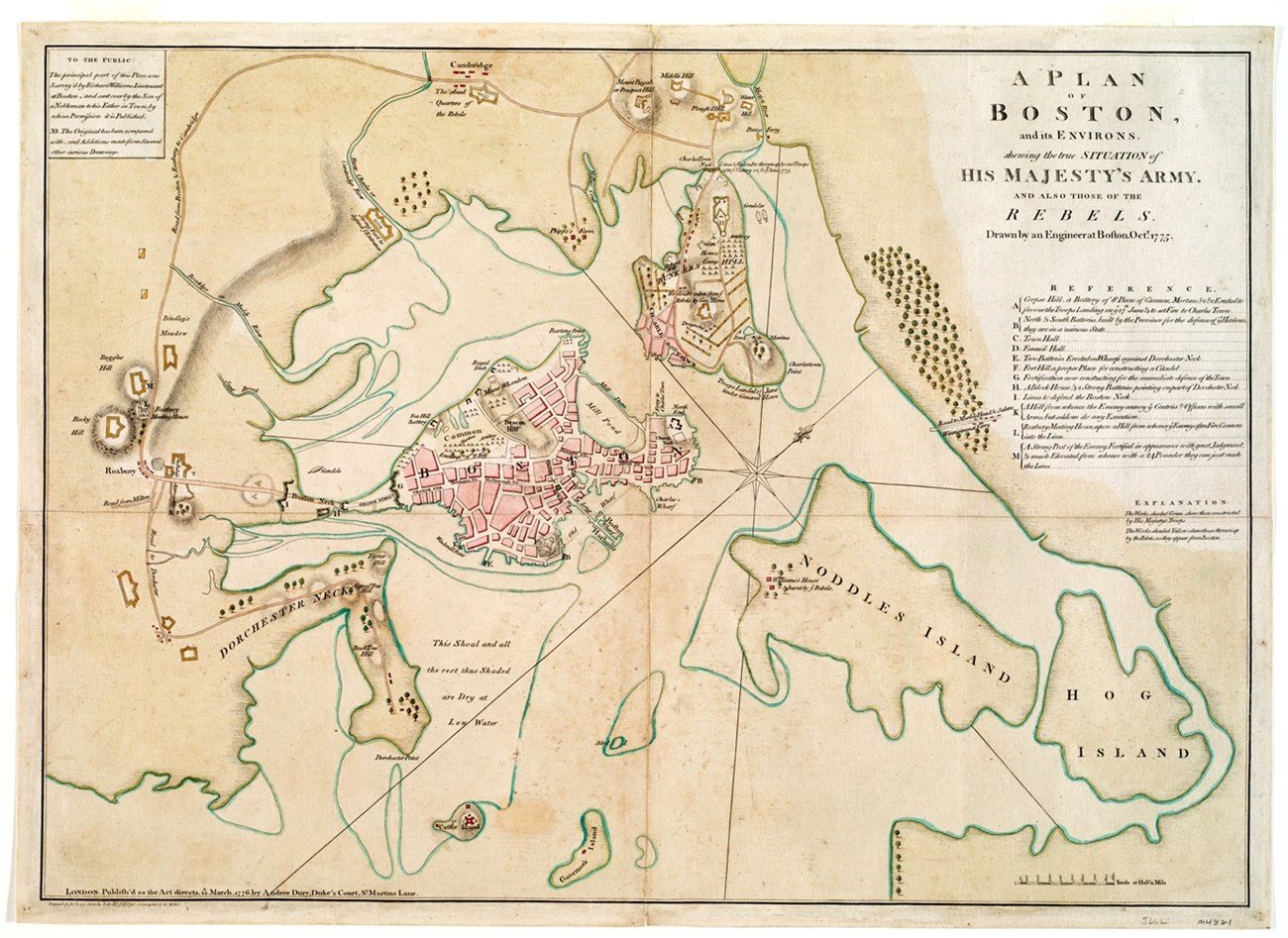 Map showing Boston and Charlestown, with indications of fortifications in greater Boston including Cambridge and Roxbury.