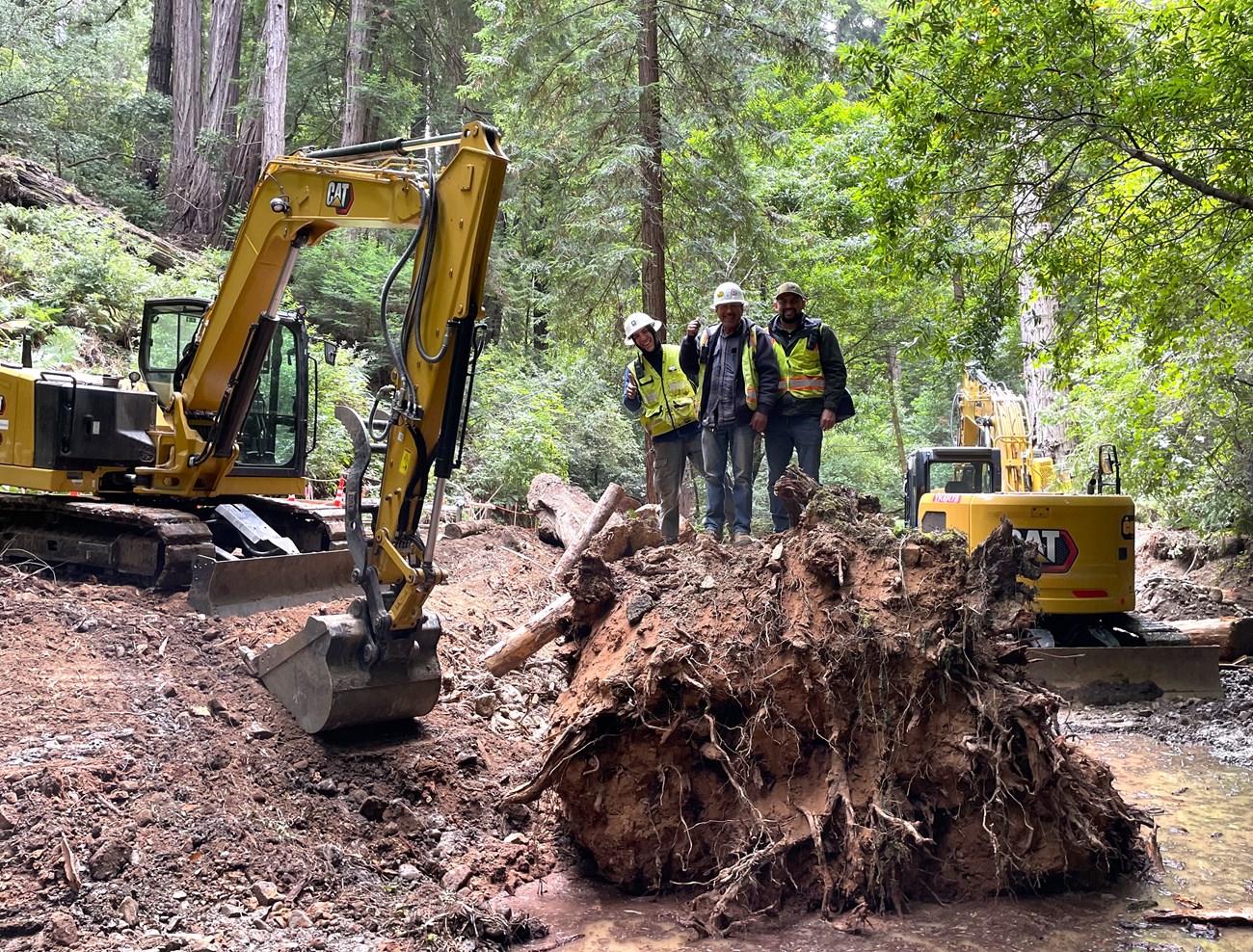 Construction crew members posing on a log recently placed in the creek.