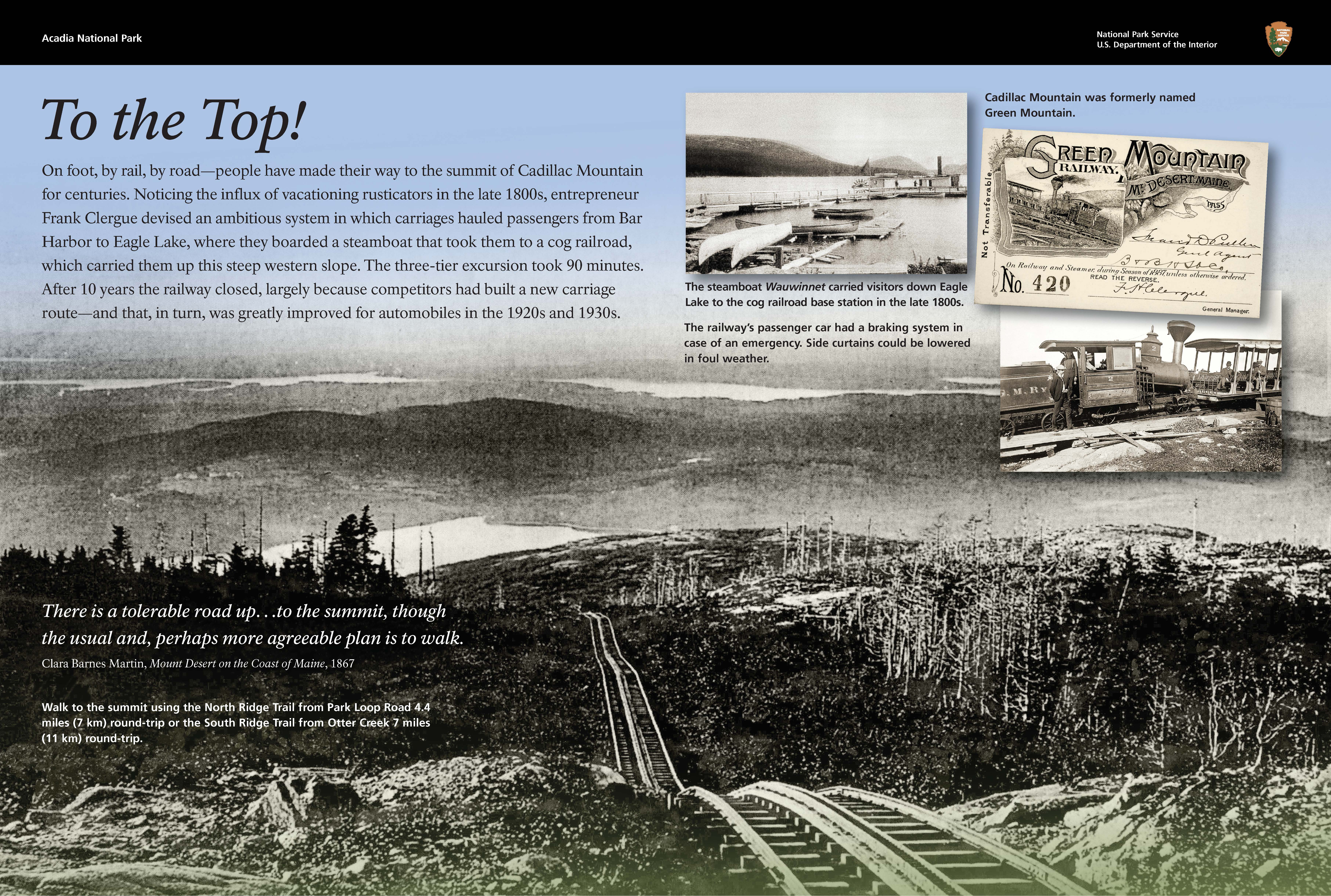 Wayside depicting early transportation and development on Cadillac Mountain