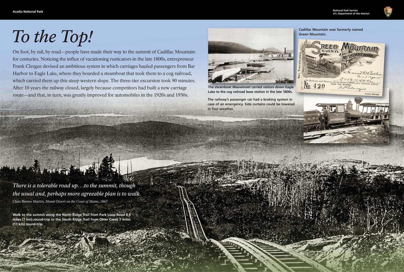 Wayside depicting early transportation and development on Cadillac Mountain