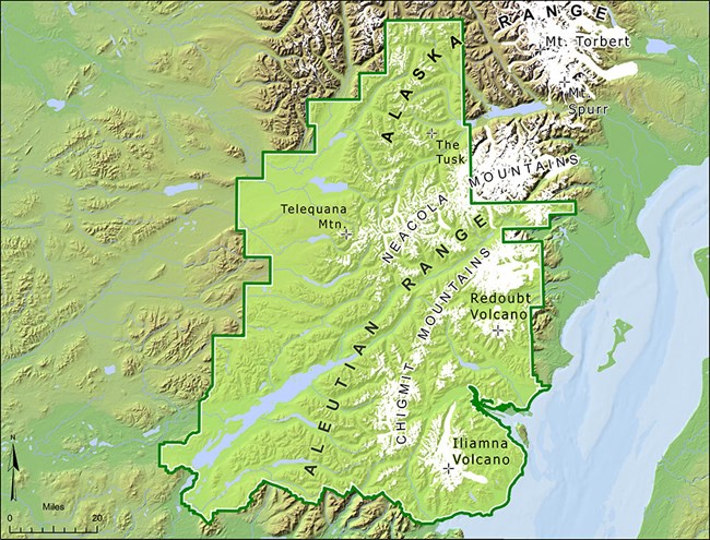 A map of Lake Clark National Park and the location of glaciers.