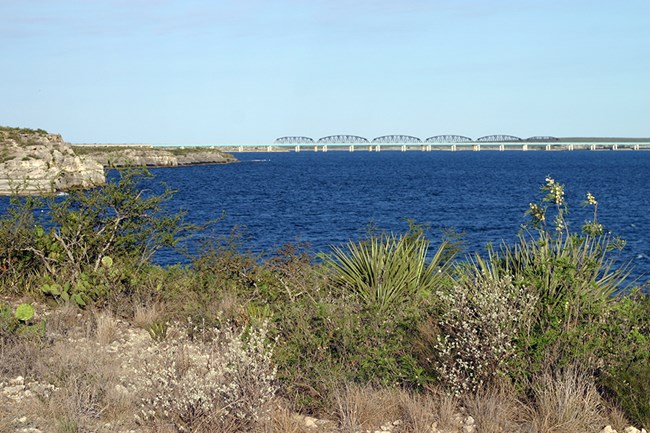 Areservoir with desert plants on the bank and a bridge in the distance