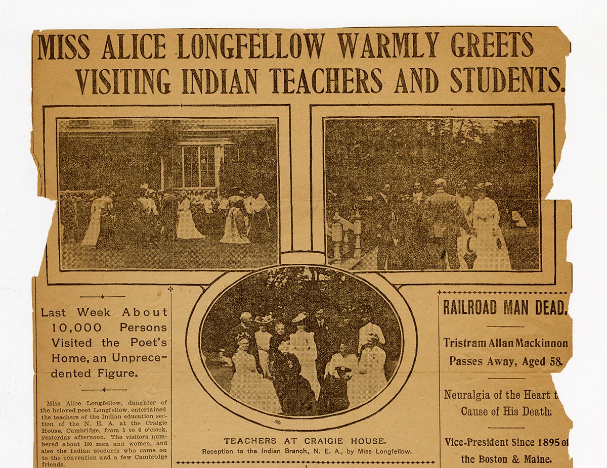 Newspaper article with three photos headlined Miss Alice Longfellow Warmly Greets Visiting Indian Teachers and Students