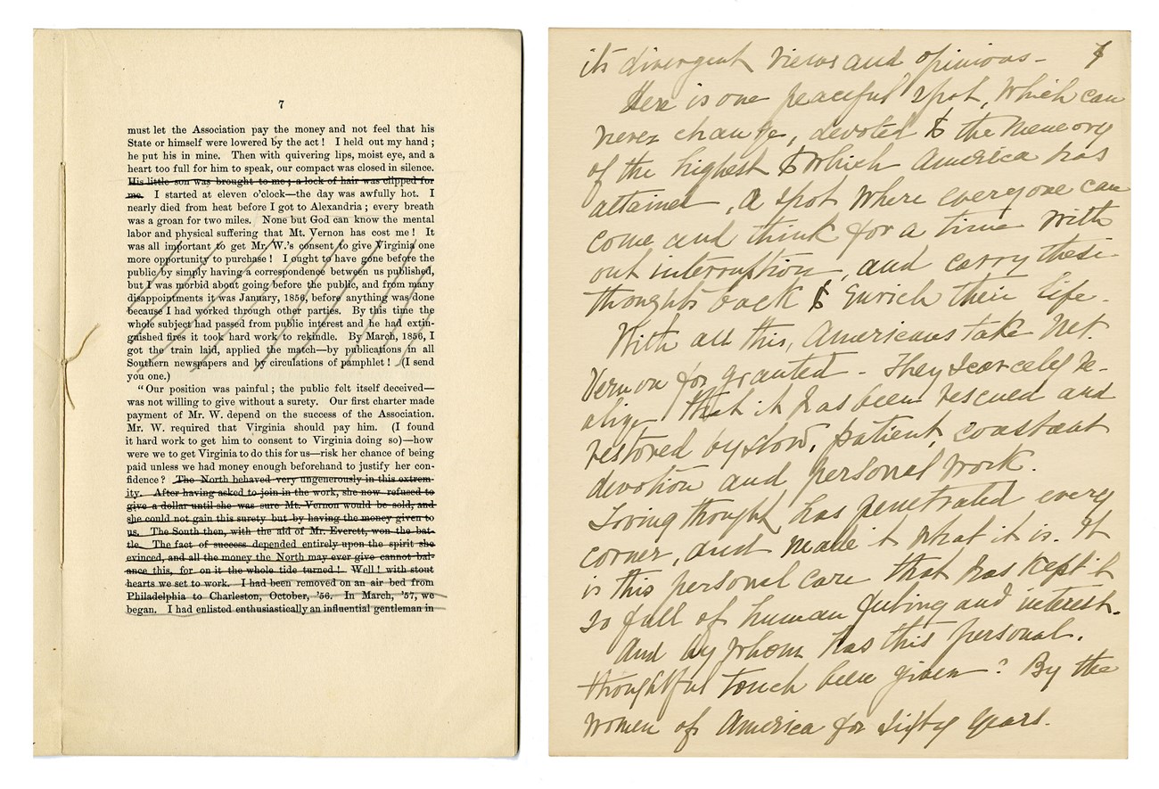 Two pages of text. Left, a printed page with passages crossed out. Right, handwritten manuscript essay.