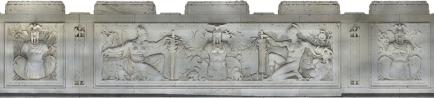 Rectangular bas-relief panels with figures, arms and armor, fasces and other neo-classical details.