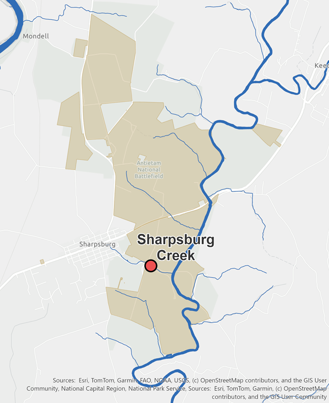 Map showing the location of biological stream survey site in Sharpsburg Creek and rivers and streams at Antietam National Battlefield.
