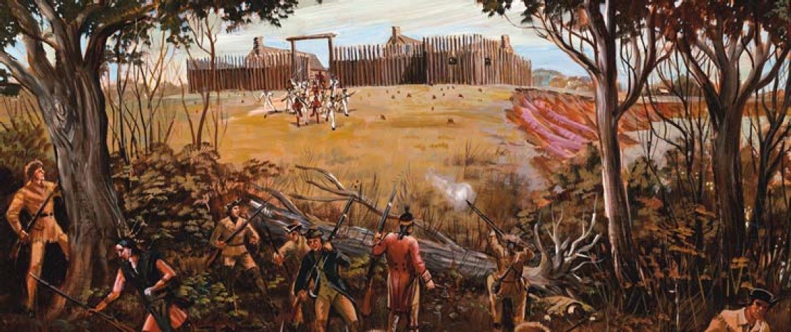 Painting of a battle scene; a dozen men with guns run out from a wooden fort toward other soldiers in a forest.