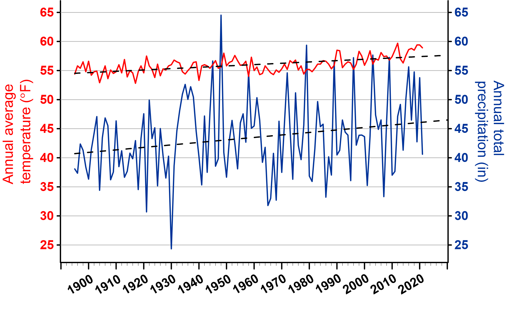 A line graph showing Worcester County, Maryland yearly average temperature and precipitation from 1895 to 2021. Dashed lines represent the 1895-2021 trend for each parameter; +0.2°F/decade for temperature and +0.43 in/decade for precipitation.