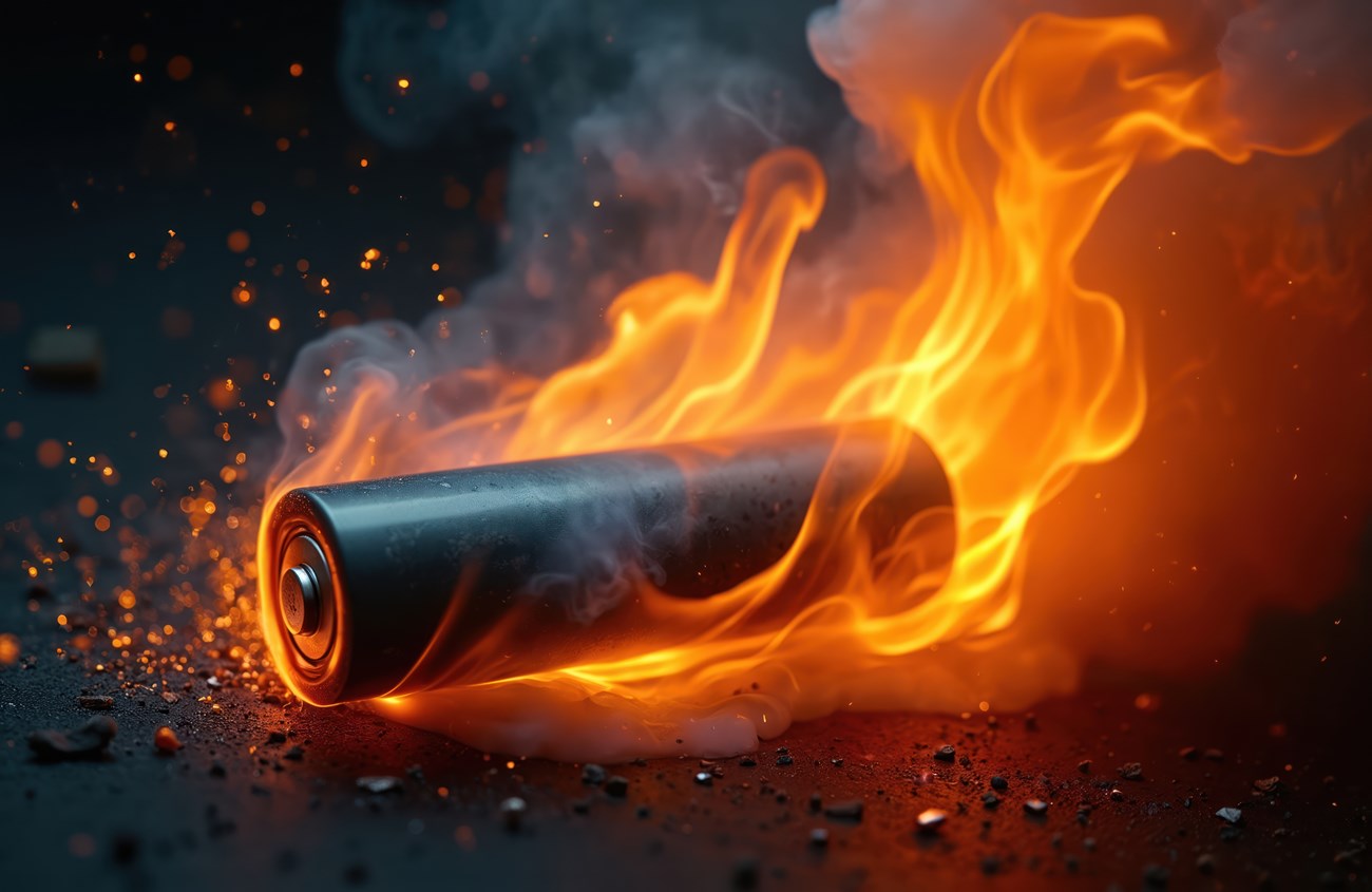 Battery with flames coming out from it.