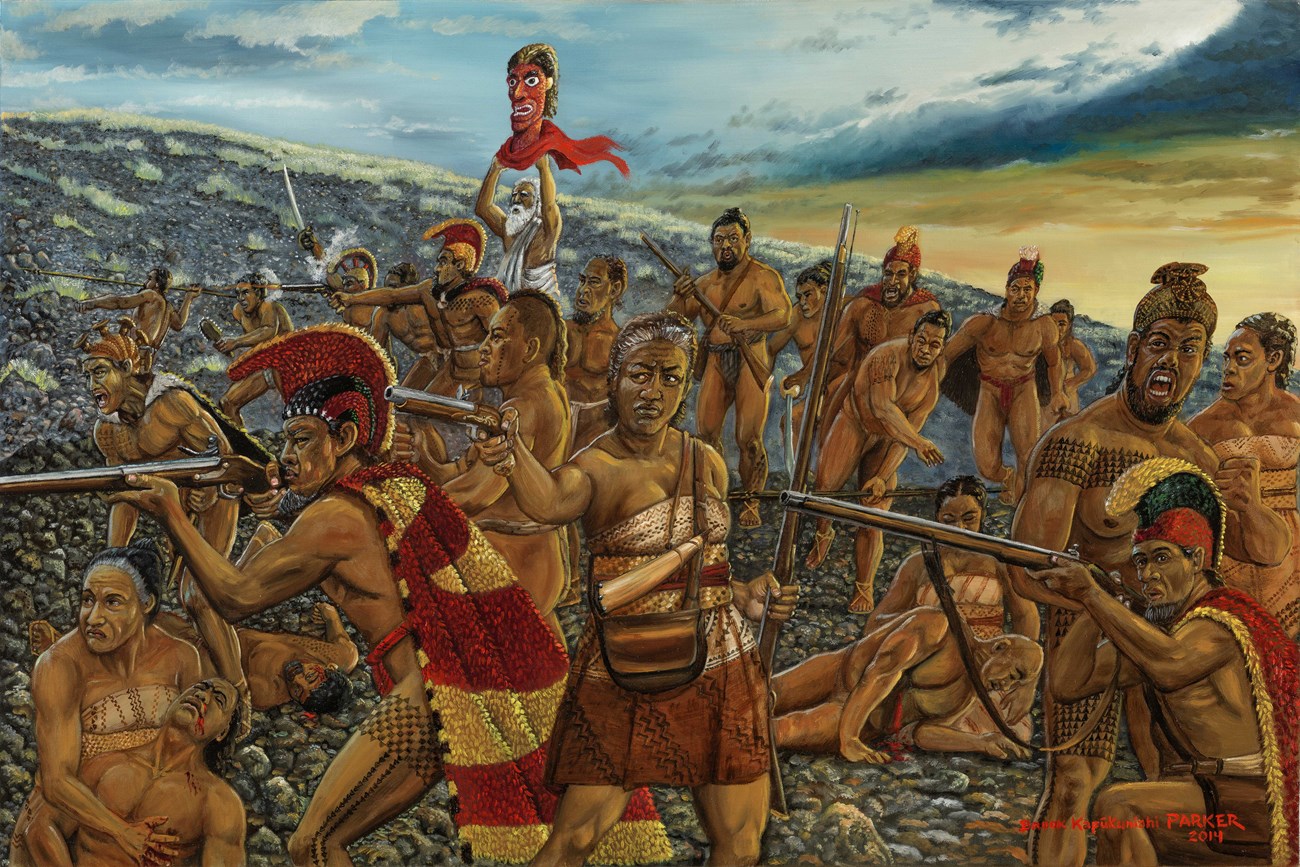 Oil painting of heroic Hawaiian woman with musket, surrounded by warriors