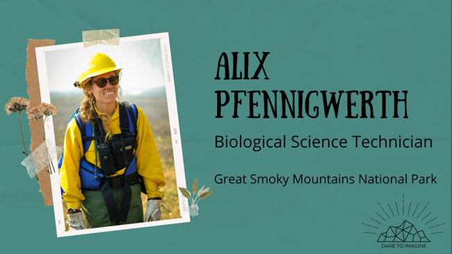Biological Science Technician at Great Smoky Mountains National park smiles at the camera with a background of muted meadow grass colors. Technician is dressed in yellow Nomex gear, a yellow hard hat, sunglasses, and wears a blue backpack and a black radi