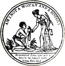 a black woman in chains kneels in front of a standing white woman offering her hand LOC