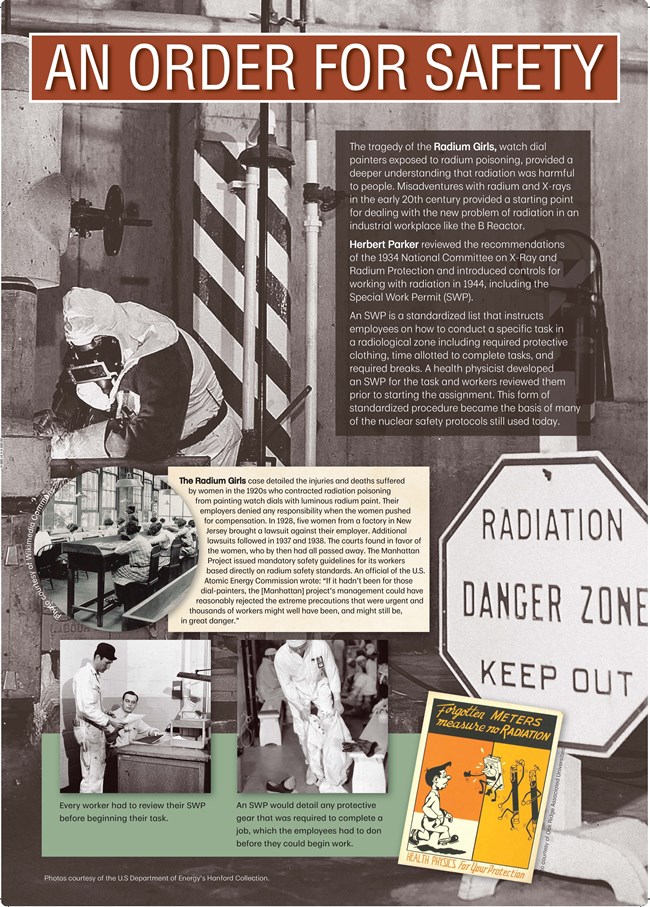 An exhibit panel with text and images of people in safety gear.