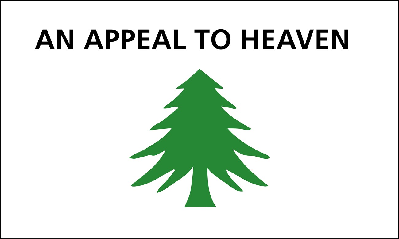 A white flag with the text An Appeal to Heaven above a pine tree.