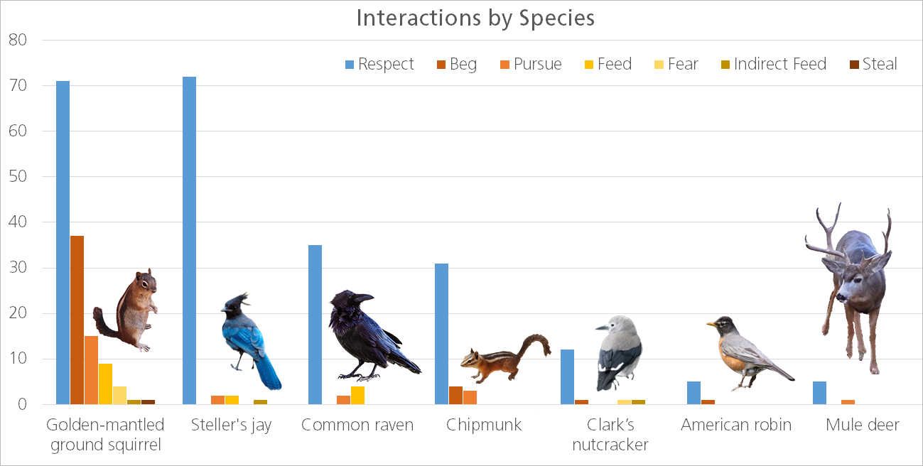 Bar graph of categorized species interactions, with clusters of bars for each of 7 species, and bar colors indicating the type of interaction. Golden mantled ground squirrels have the most negative interactions, especially begging.