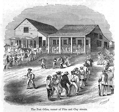 An illustration of a crow of people gathered outside of a small building.