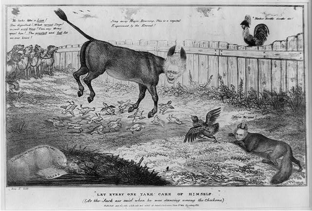 Political cartoon depicting Andrew Jackson as a donkey
