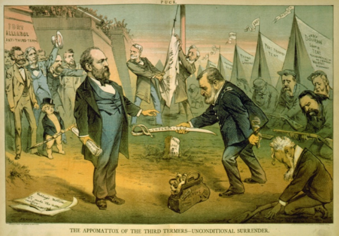 Political cartoon that depicts a kneeling Roscoe Conkling handing James A. Garfield a sword.