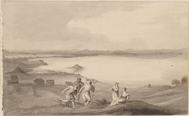 A historic image of the view of Boston neck and the fortification lines at Boston with "rebel" works at Roxbury.