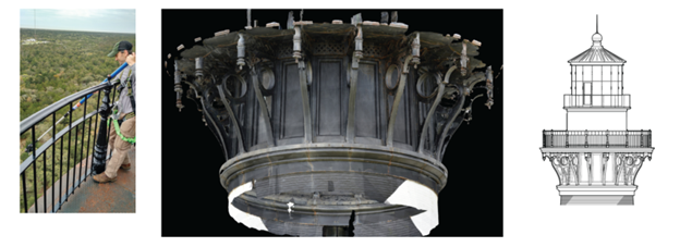 (Left) field photograph showing a man standing on a catwalk, wearing safety equipment. (Center) Black and white image showing the lantern and details captured through the photogrammetric process. (Right) CAD drawing showing the lantern in detail.