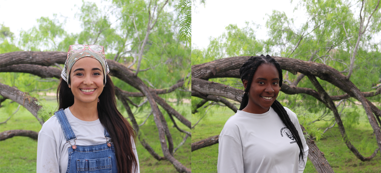 Two women in front of a big tree