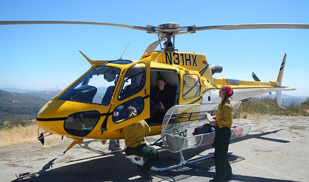 A wildland firefighter talks to a person inside a yellow helicopter parked on the ground.