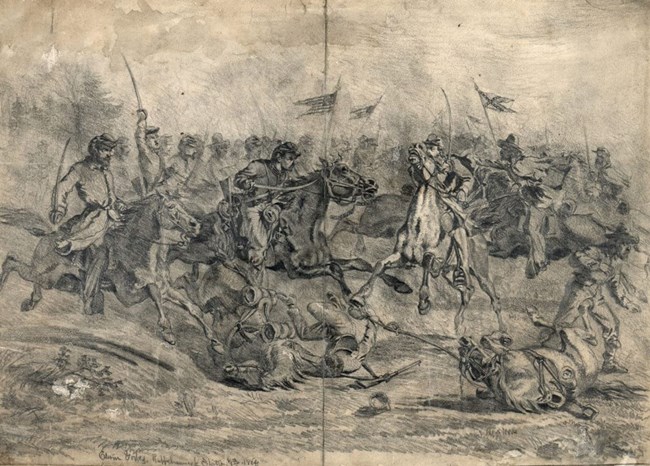 Black and white illustration of uniformed soldiers on horseback charging towards each other. At center, opposing cavalrymen are poised for attack as their horses stride over fallen soldiers and horses.