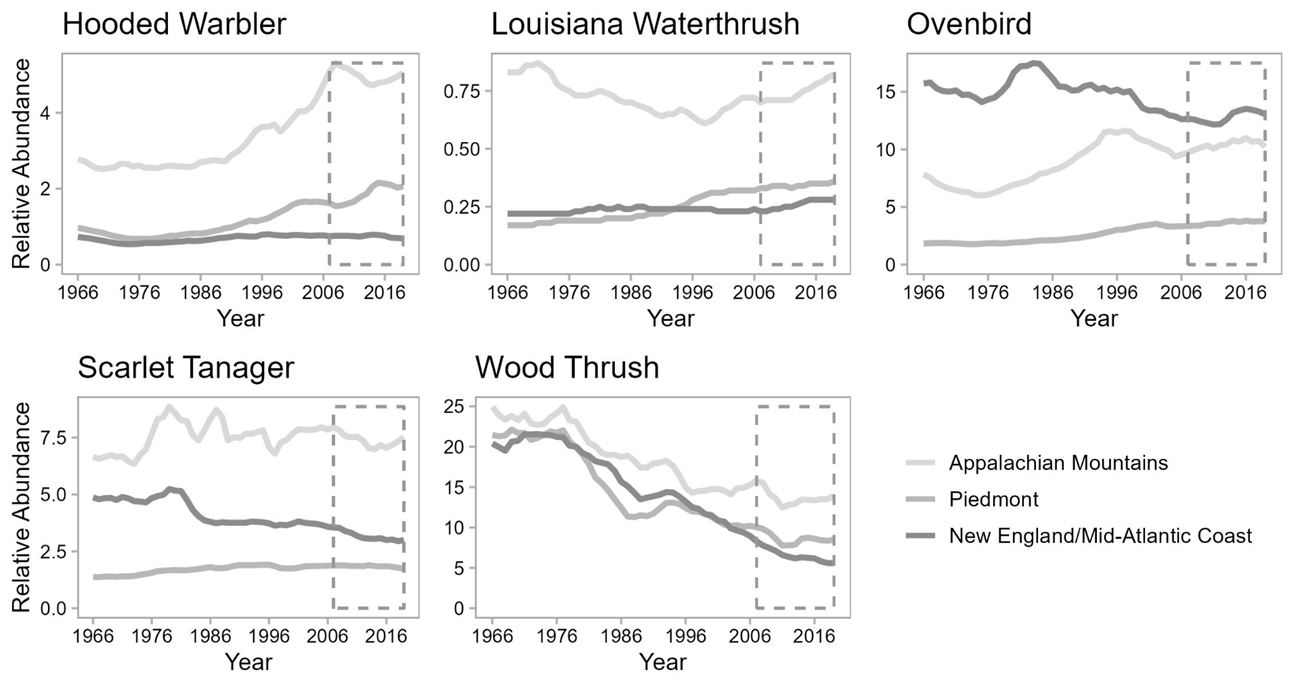 Five line graphs depict relative abundance estimates for 5 forest interior bird species