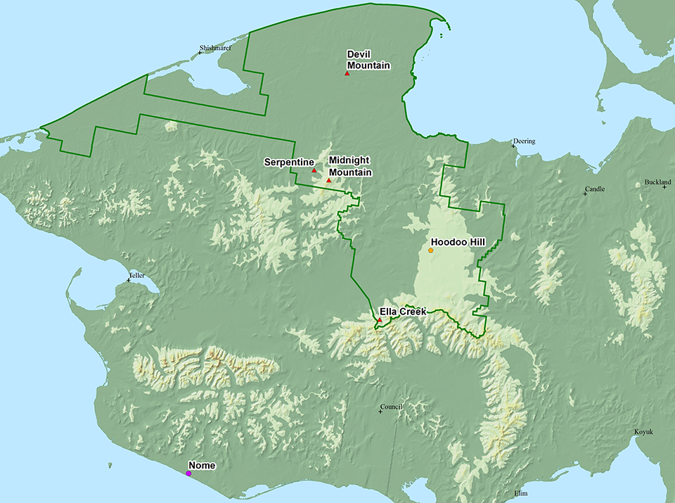 Map of where climate stations are in Bering Land Bridge National Preserve. They are: Serpentine, Midnight Mountain, Devil Mountain, Hoodoo Hill, and Ella Creek.